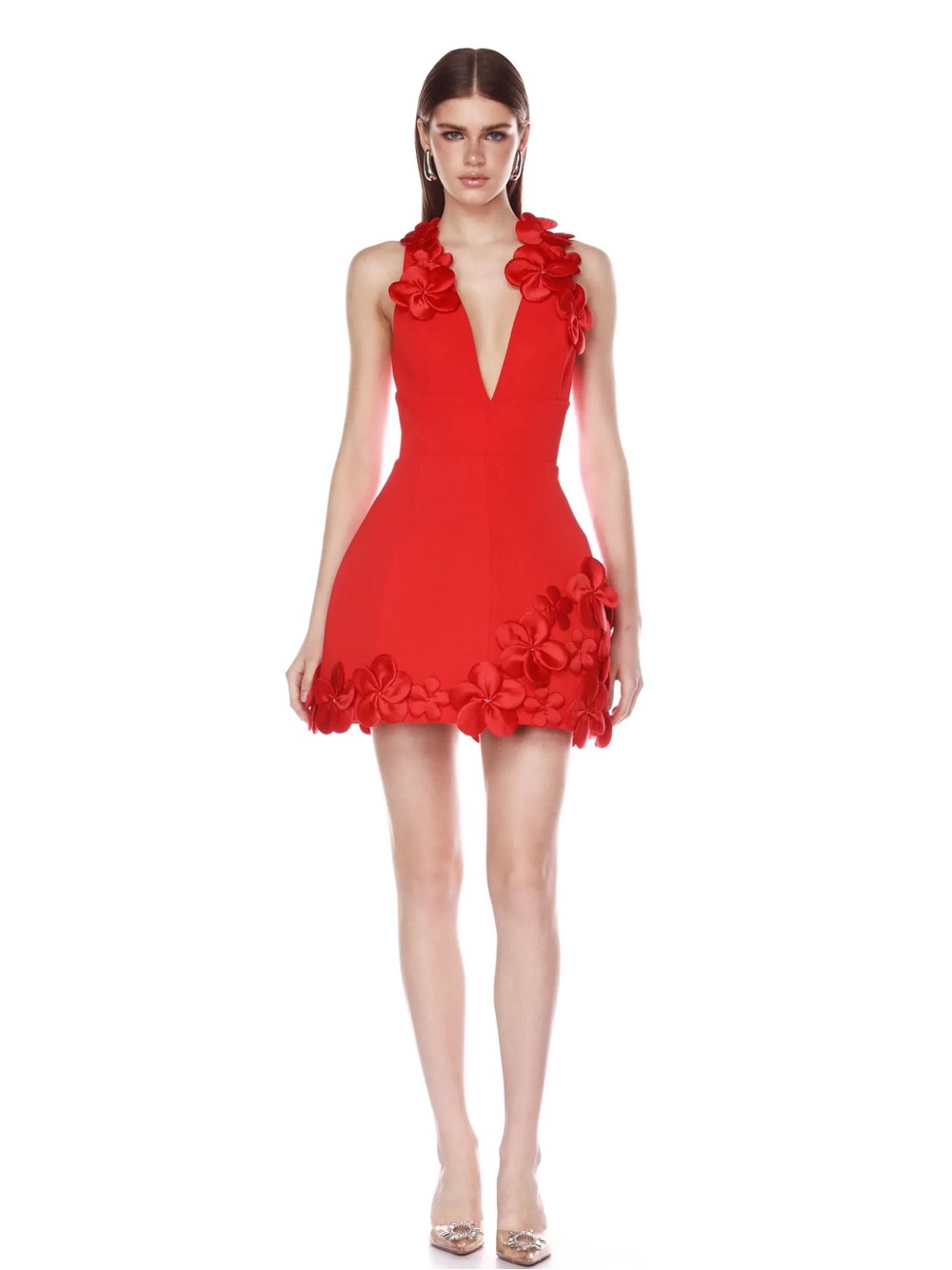 Bronx and Banco Red Floral Appliqué Plunge Mini Dress